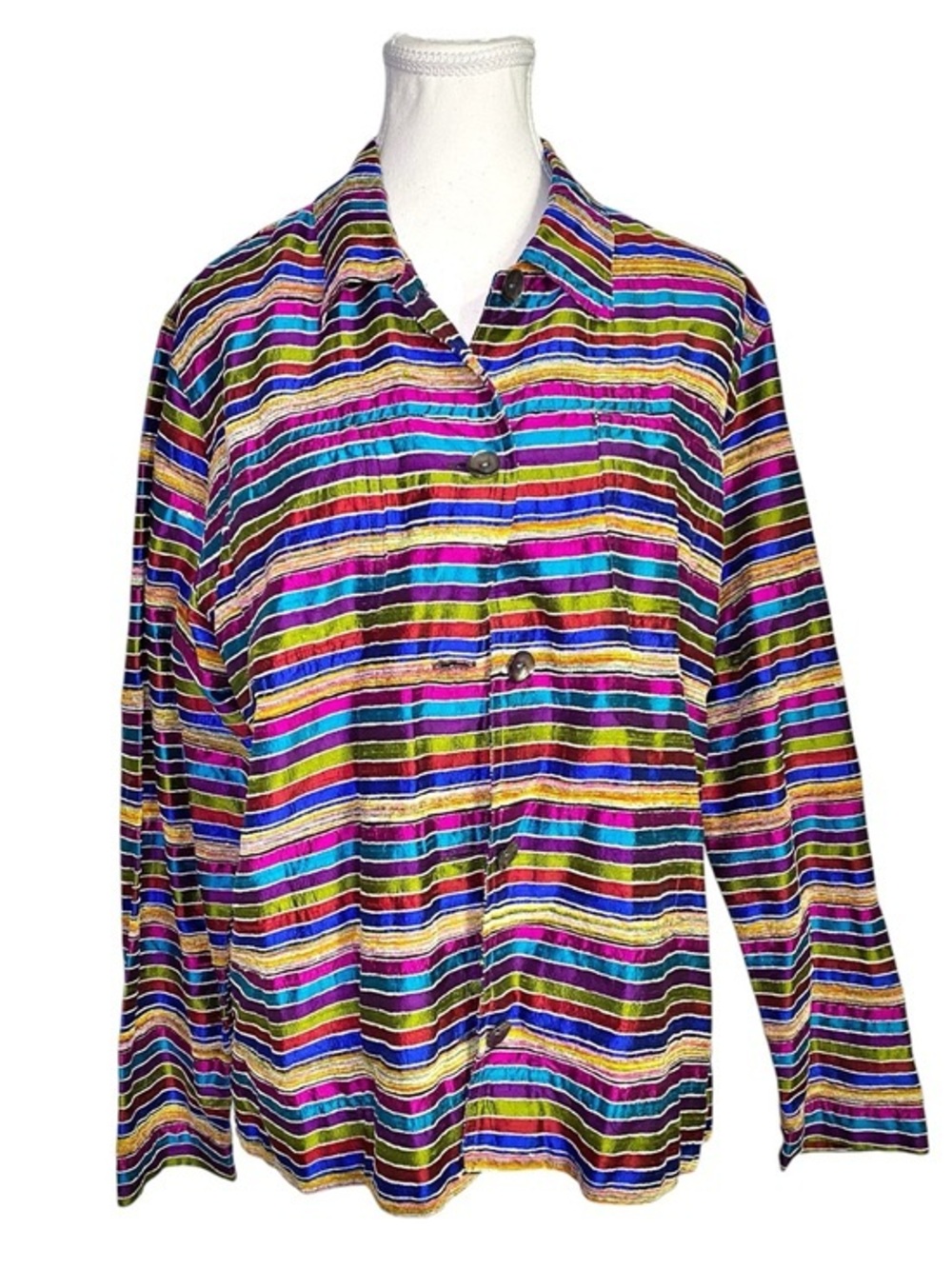 Vibrant Jewel Tone Striped Button Down Jacket | Textured Woven Bohemian Shacket